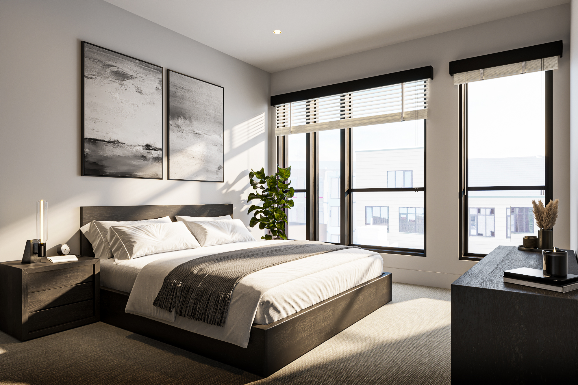 Rendering of a Bedroom in a Glassworks apartment