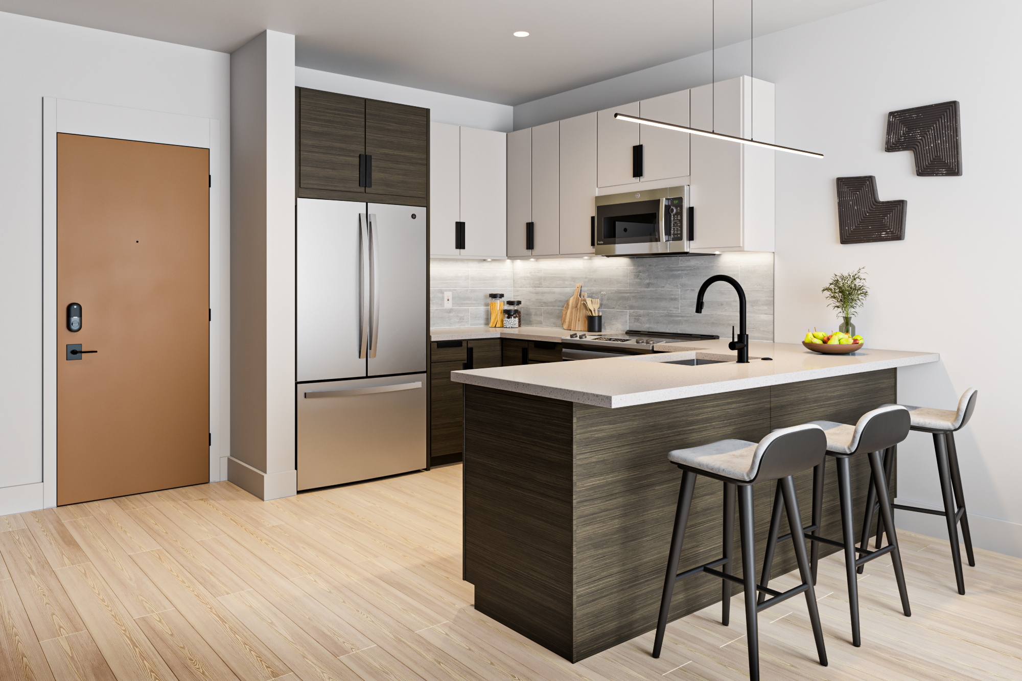 Rendering of a kitchen in a Glassworks apartment