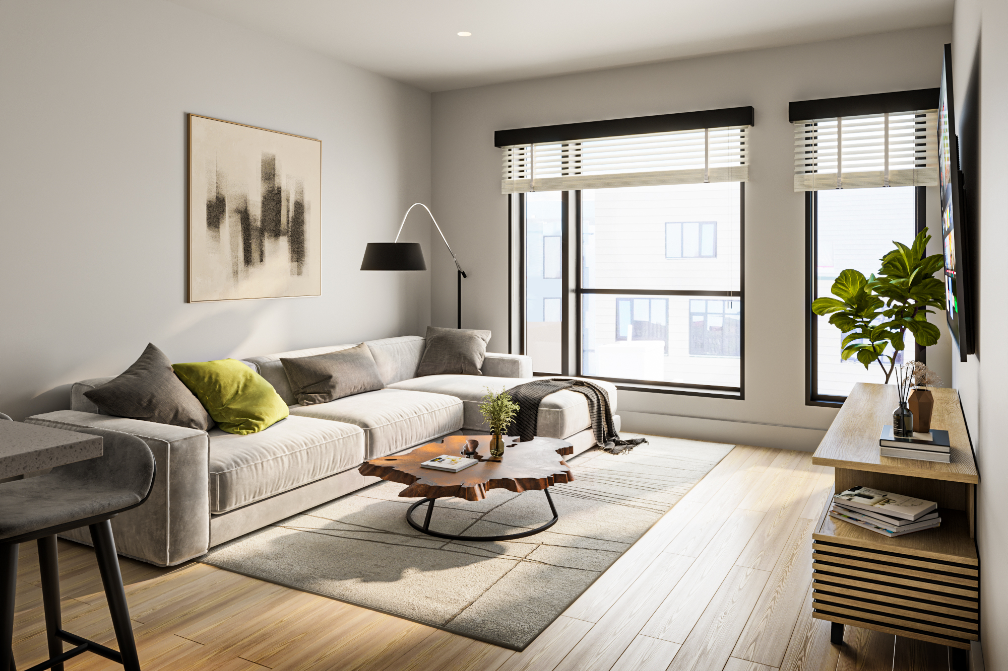 Rendering of a Glassworks apartment living area